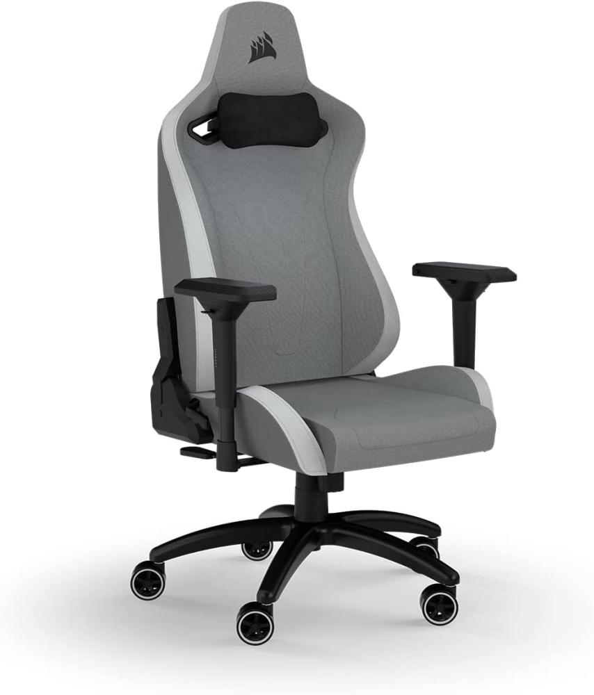 Corsair TC200 Gaming-Stuhl mit Stoffbezug, Standard Fit (Langanhaltenden Komfort, Bezug aus Weichem Stoff, Integrierte Lendenstütze aus Schaumstoff, 4D-Armlehnen) Hellgrau/Weiß Bild 1