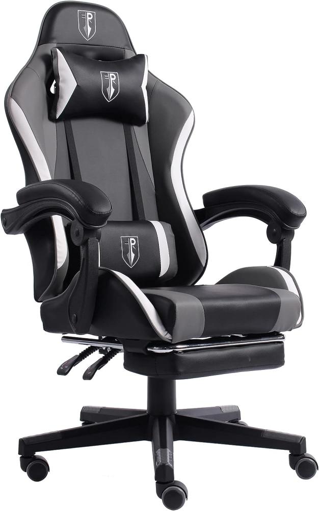 Gaming Chair im Racing-Design mit flexiblen gepolsterten Armlehnen - ergonomischer PC Gaming Stuhl in Lederoptik - Gaming Schreibtischstuhl mit ausziehbarer Fußstütze und extra Stützkissen Schwarz/Grau-Weiß Bild 1