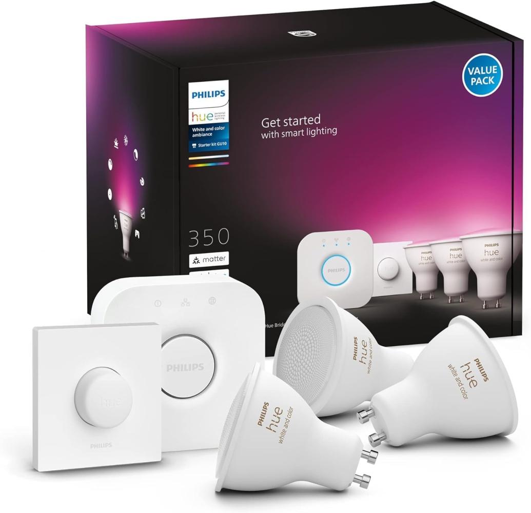 Philips Hue White & Color Ambiance GU10 3er Starter Set, inkl. Smart Button und Bridge, 3x350lm, dimmbar, 16 Mio. Farben, steuerbar via App, kompatibel mit Amazon Alexa (Echo, Echo Dot) Bild 1