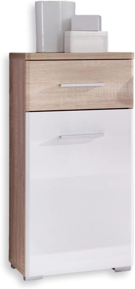 BAROLO Badezimmer Kommode mit Schublade in Sonoma Eiche Optik, Weiß Hochglanz - Badezimmerschrank Bad Schrank mit viel Stauraum - 38 x 78 x 31 cm (B/H/T) Bild 1