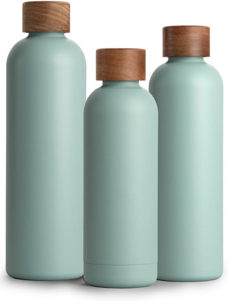 T&N Edelstahl Trinkflasche 1 Liter, Thermosflasche 1l mit Akazienholz Deckel, Isolierte Wasserflasche auslaufsicher bei Kohlensäure, Isolierflasche 1000ml - Aqua Turquoise Bild 1