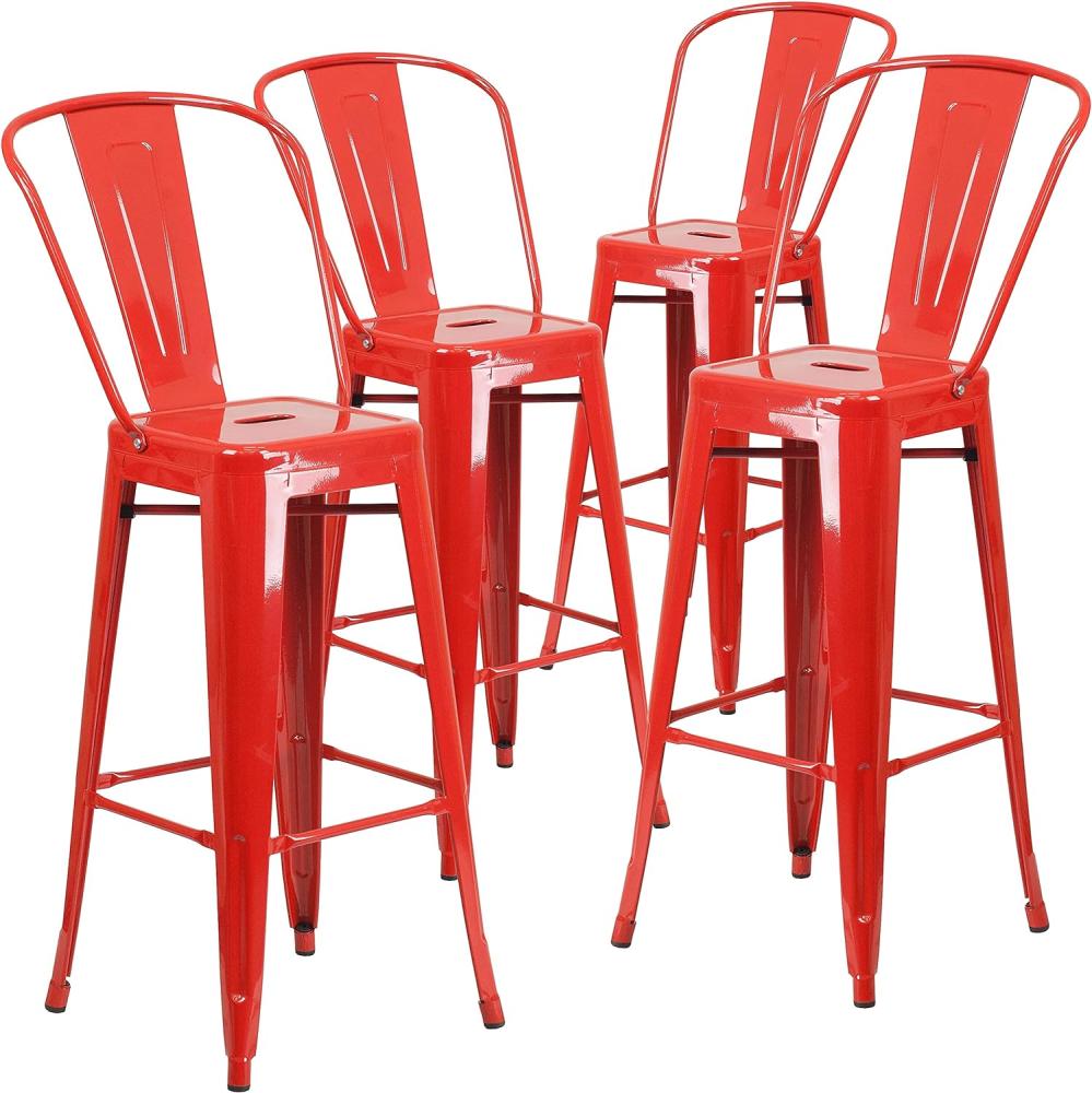 Flash Furniture Barhocker mit Rückenlehne aus Metall, 76,2 cm hoch, 4 Stück, Kunststoff, verzinkter Stahl, rot, 4er-Set Bild 1