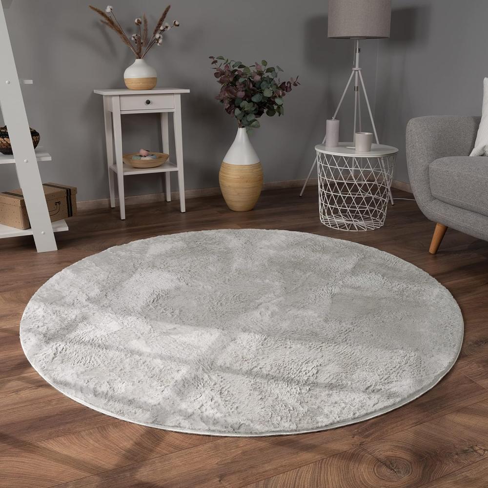 Paco Home Hochflor Teppich Wohnzimmer Flauschig Fellteppich Kunstfell Plüsch Shaggy Weich Fellimitat, Grösse:160 cm Rund, Farbe:Grau Bild 1