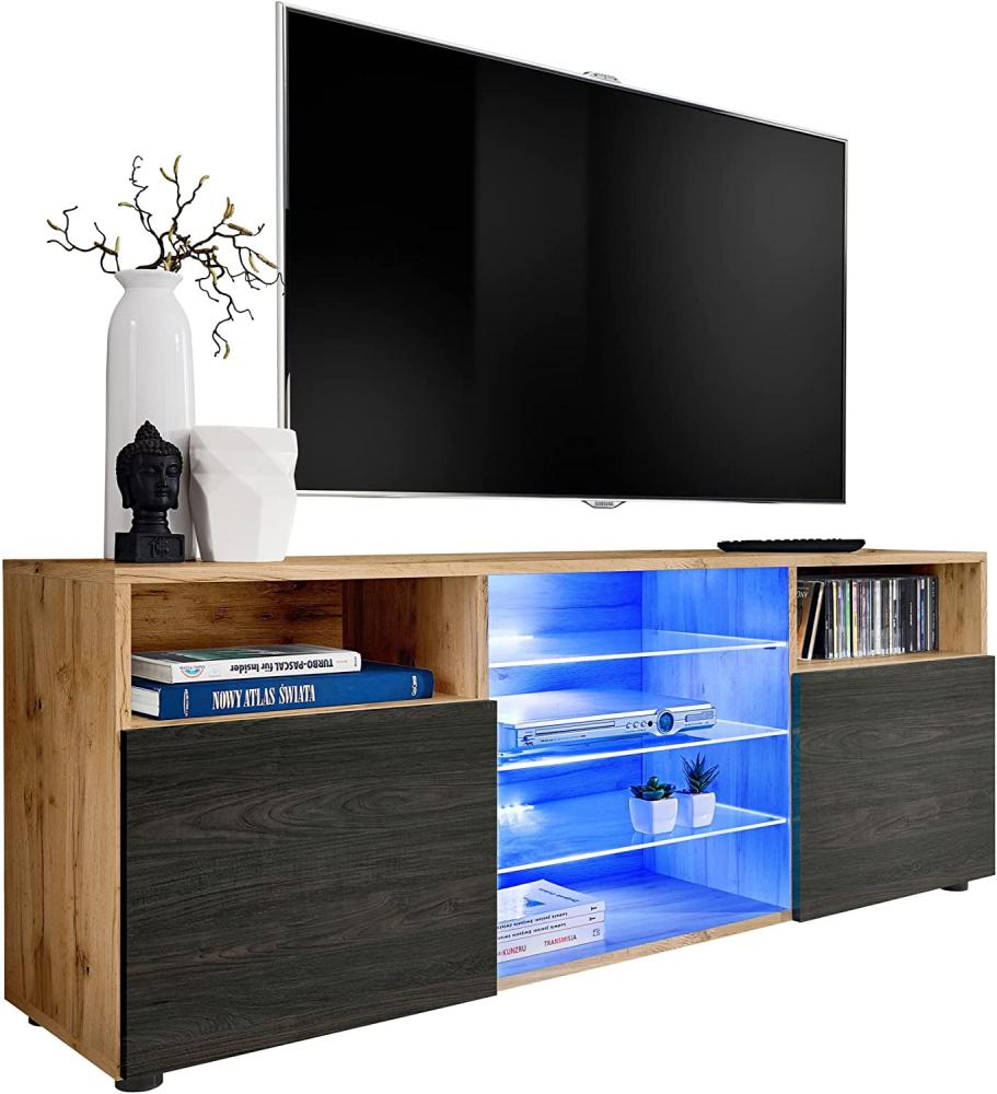 ExtremeFurniture T38 TV Lowboard, Karkasse in Wotan Matt/Front in Carbone Holz mit LED in Blau Bild 1