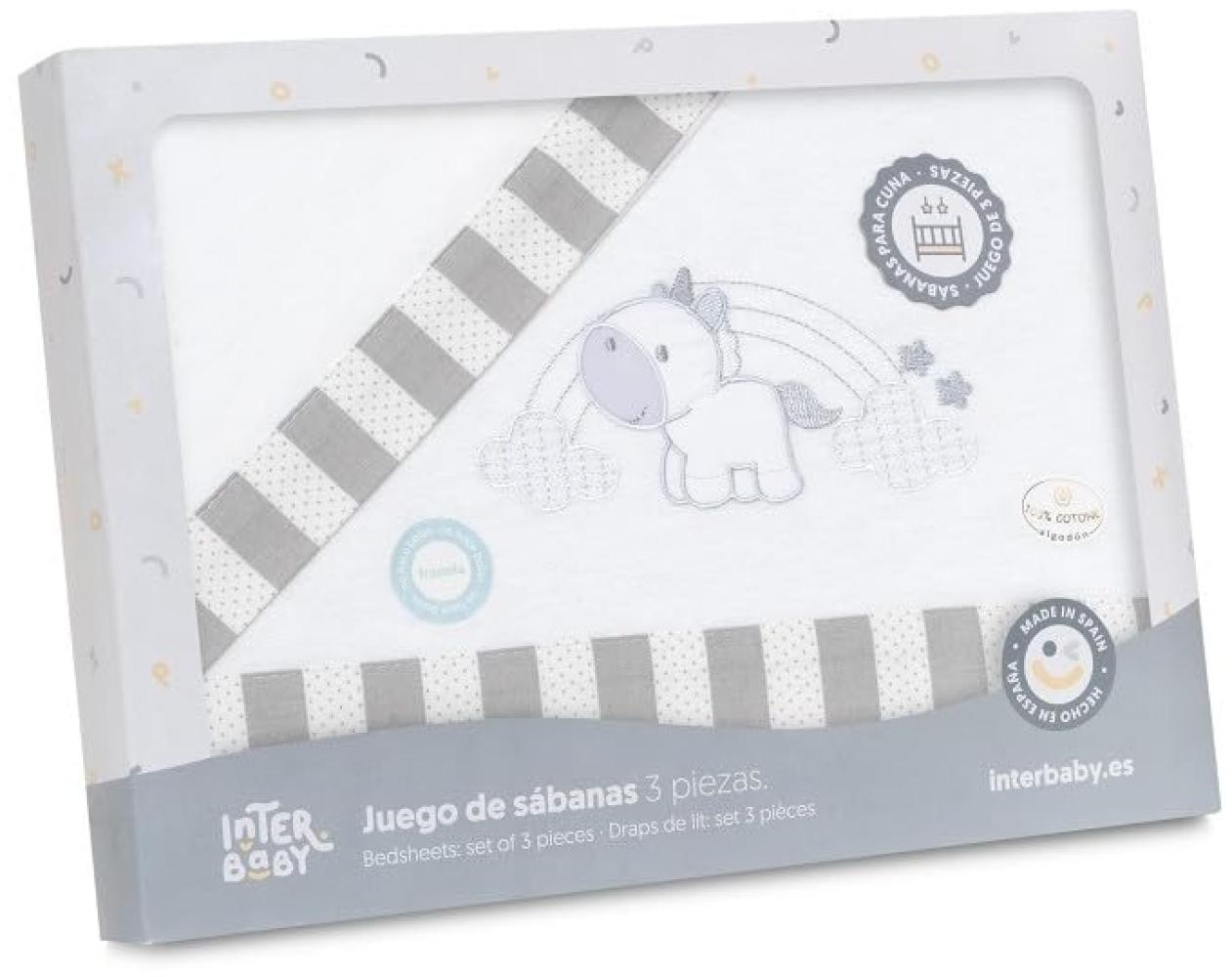 INTERBABY · Flanell Bettlaken-Set für Babybett, Unicornio Nubes" weiß grau· 100% Baumwolle · 3- Teilig Winter -Bettwäsche-Set für Babywiege Bild 1