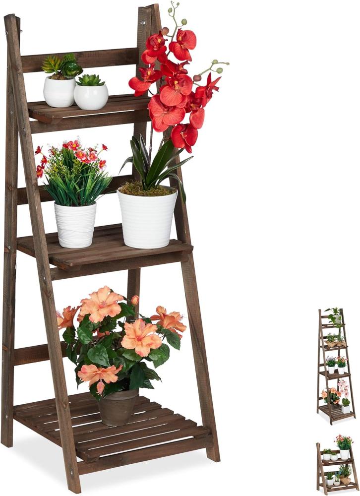Relaxdays Blumentreppe, 3-stufig, Blumenleiter Holz, klappbar, Leiterregal Pflanzen, HBT: 108 x 41 x 40 cm, dunkelbraun Bild 1