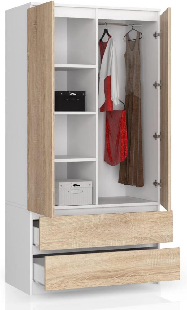 BDW Kleiderschrank 2 Türen, 4 Einlegeböden, Kleiderbügel, 2 Schubladen Kleiderschrank für das Schlafzimmer Wohnzimmer Diele 180x90x51cm (Weiß/Eiche Sonoma) Bild 1