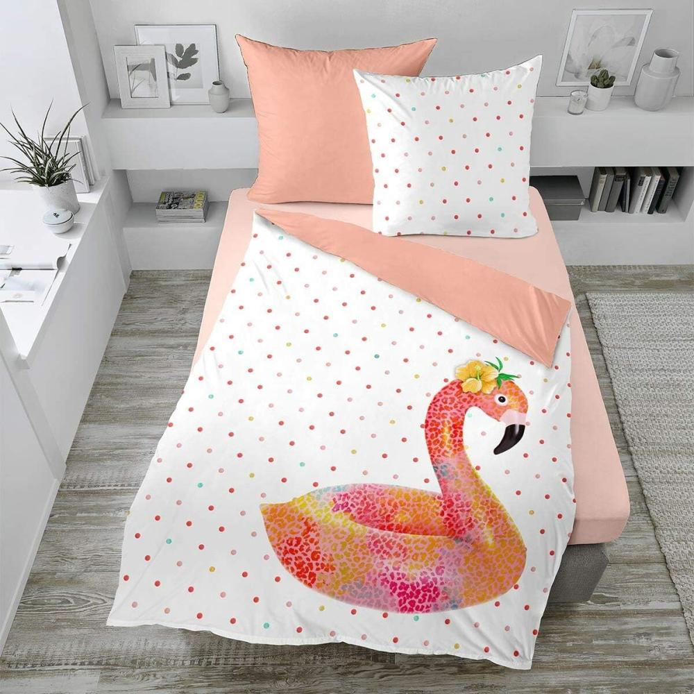 Dormisette Mako Satin Wendebettwäsche 2 teilig Bettbezug 155 x 220 cm Kopfkissenbezug 80 x 80 cm 2442_Fb20 Flamingo Punkte pink weiß Bild 1