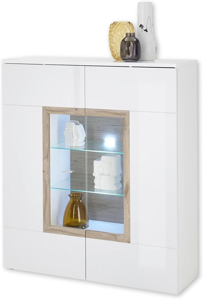 BRÜNN Highboard mit LED-Beleuchtung in Weiß, Viking Oak Optik - Moderner Wohnzimmerschrank mit viel Stauraum für Ihren Wohnbereich - 120 x 137 x 38 cm (B/H/T) Bild 1