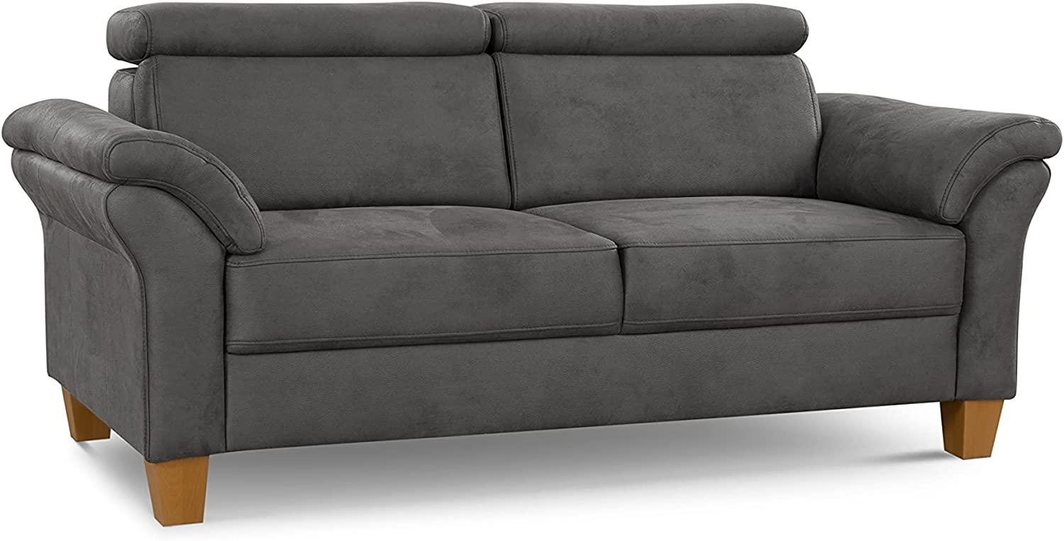 Cavadore 3-Sitzer-Sofa Ammerland / 3er-Couch im Landhausstil mit Federkern + verstellbaren Kopfstützen / 186 x 84 x 93 / Wildlederoptik, Grau Bild 1