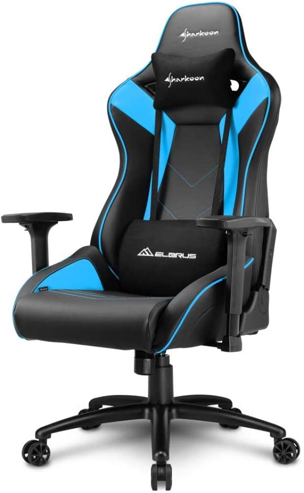 Sharkoon Elbrus 3 Premium Gaming Stuhl, mit Kunstlederbezug, Aluminiumfußkreuz, 3-Wege-Armlehnen, Stahlrahmen, Kopf- und Lendenkissen mit Stoffbezug, Blau Bild 1