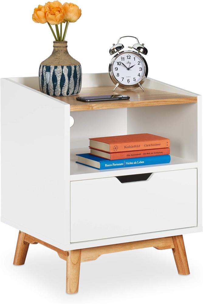 Relaxdays Nachttisch mit Holzbeinen, skandinavisches Design, Schublade, offenes Fach, Betttisch 50 x 43 x 40 cm, weiß Bild 1