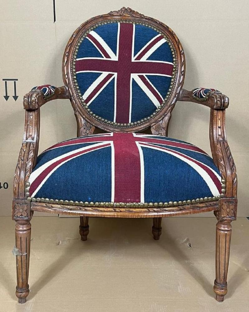 Casa Padrino Barock Medaillon Salon Stuhl UK England Flagge / Braun - Handgefertigter Antik Stil Stuhl mit Armlehnen - Antik Stil Möbel - Barock Möbel Bild 1