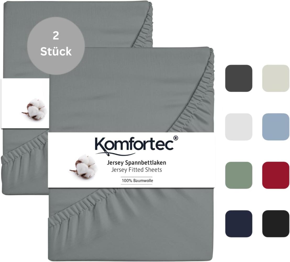 Komfortec 2er Pack Jersey Spannbettlaken 90x200 cm, 100% Baumwolle, Doppelpack Spannbettuch, Grau Bild 1