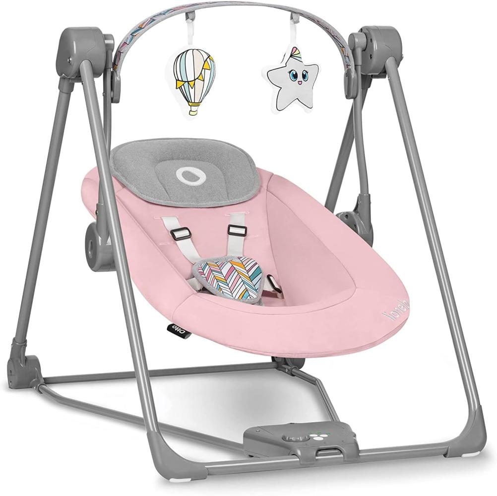 LIONELO Otto Baby Wippe, Baby Schaukel, Spielbogen mit interaktiven Spielzeugen, 5 Schaukel Geschwindigkeiten, Naturgeräusche, ab Geburt bis 9 kg, zusammenklappbar (PINK BABY) Bild 1