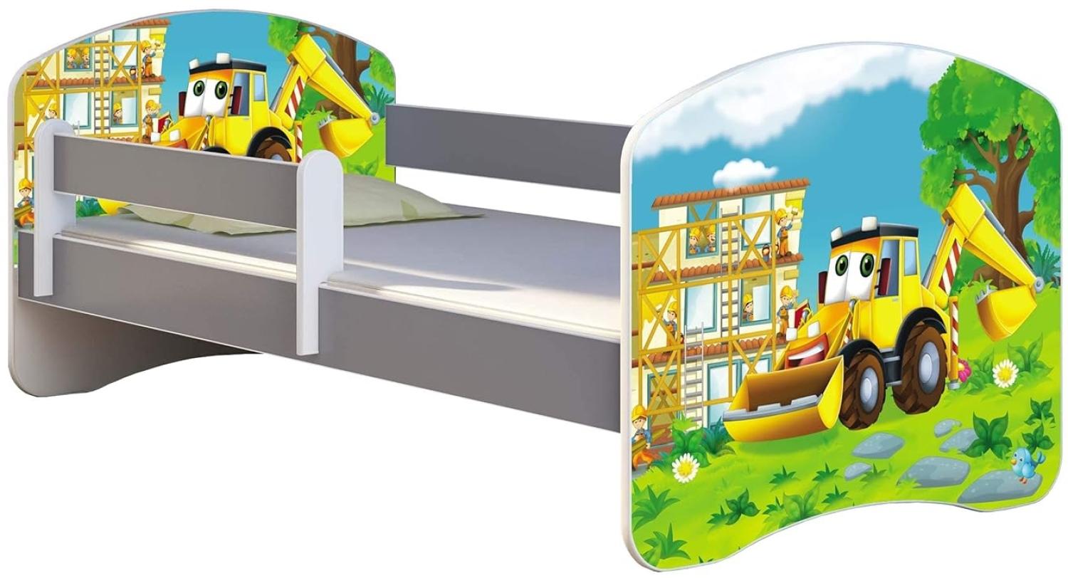 ACMA Kinderbett Jugendbett mit Einer Schublade und Matratze Grau mit Rausfallschutz Lattenrost II (20 Bagger, 160x80) Bild 1