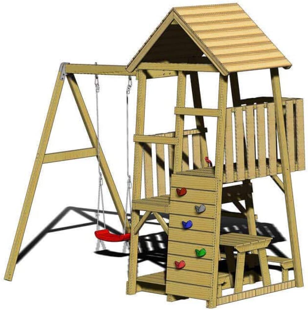 Wendi Toys Holz Spielturm Gorilla | mit Rutsche, Kletterwand, Schaukel und Picknicktisch | Natur | 290x270x270 cm Bild 1