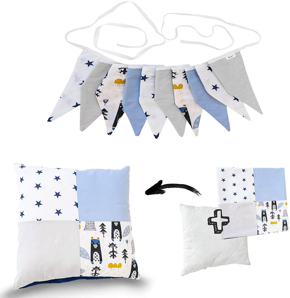 Deko-Set für Kinderzimmer: Girlande, Kissen 40x40 cm mit Kissenbezug in blau Bild 1