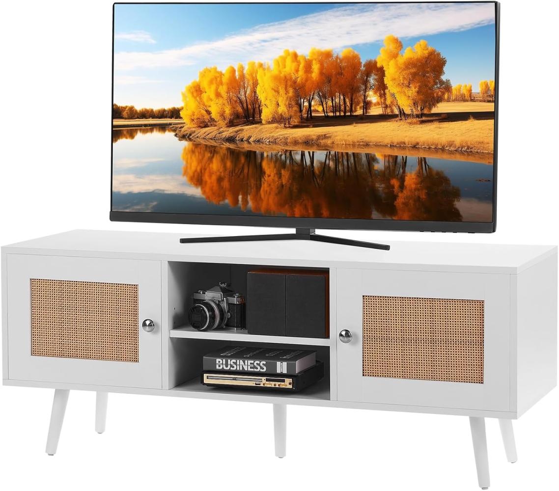 VEVOR Rattan-TV-Ständer, Fernsehschrank Boho-TV-Schrank für 140 cm Fernseher, Retro-TV-Ständer, Rattan-TV-Konsole mit verstellbaren Regalen & 2 Türen, für Wohnzimmer, Medienraum, Weiß Bild 1