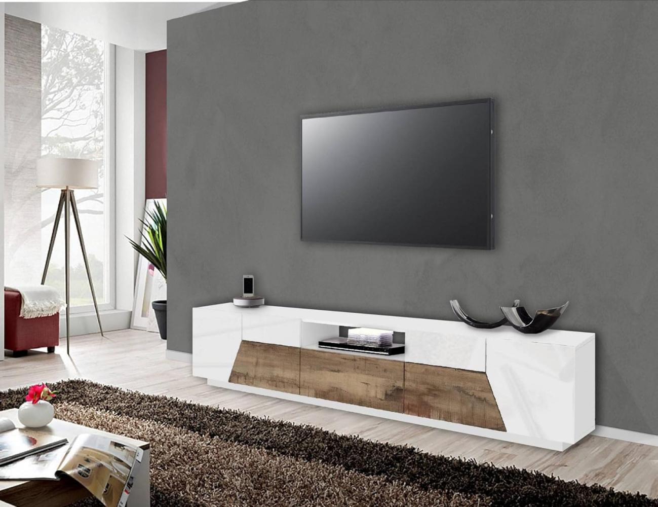 Dmora - Fernsehschrank Jacopo, Niedriges Sideboard für Wohnzimmer, Sockel für TV-Möbel, 100 % Made in Italy, cm 220x43h46, Weiß glänzend und Ahorn Bild 1