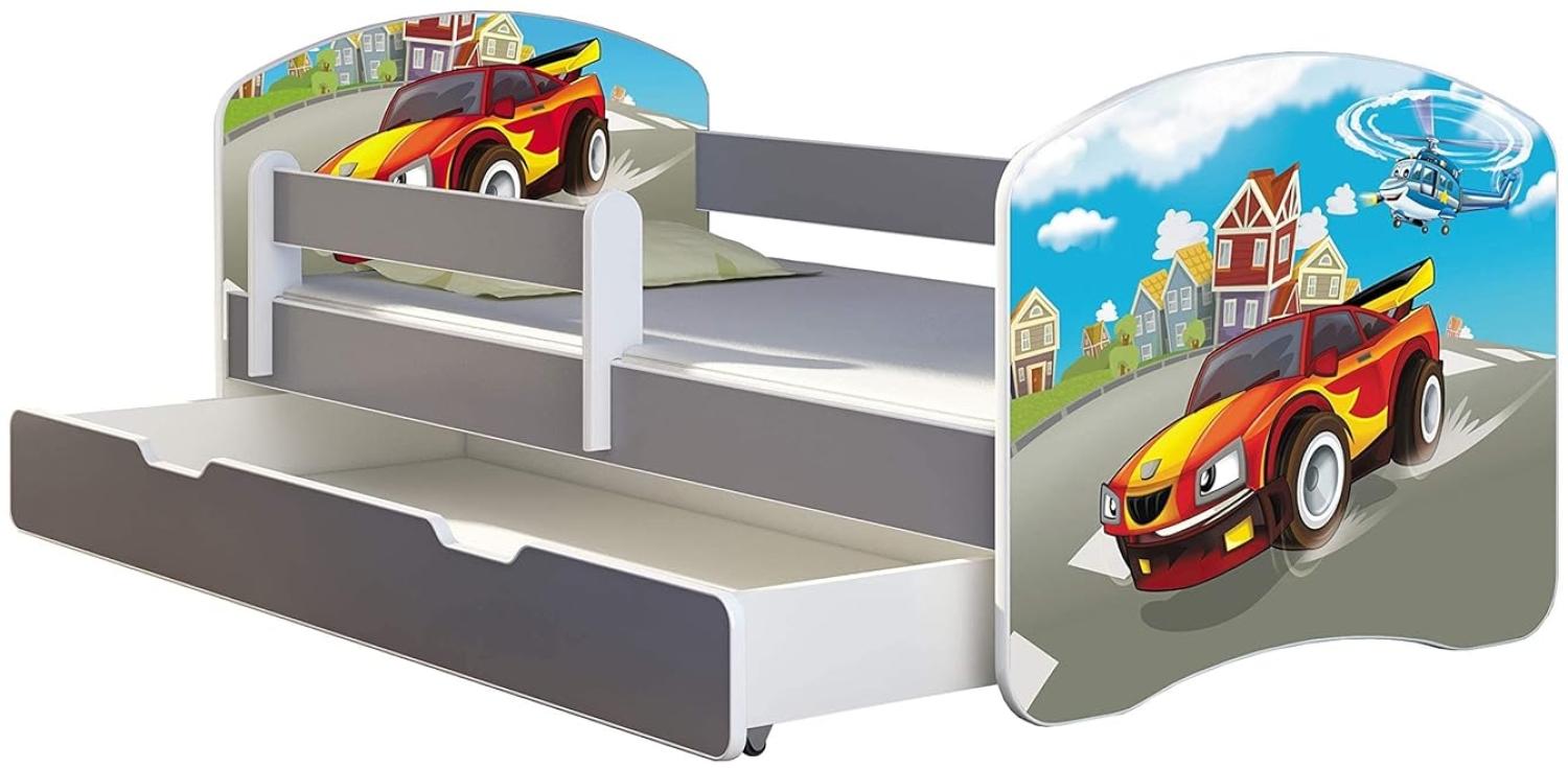 ACMA Kinderbett Jugendbett mit Einer Schublade und Matratze Grau mit Rausfallschutz Lattenrost II (03 Racing Car, 180x80 + Bettkasten) Bild 1