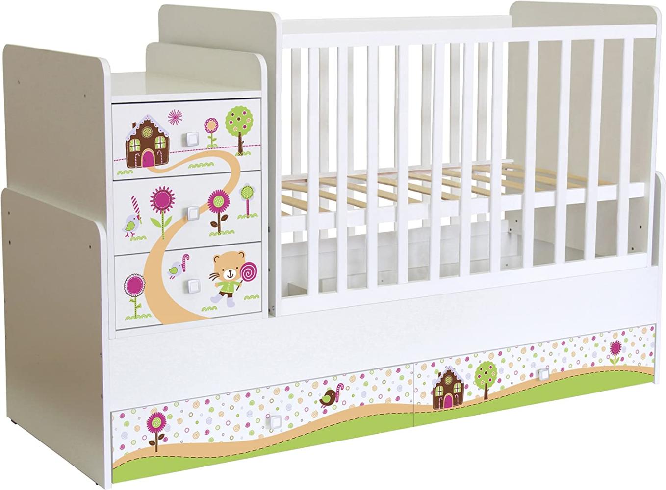 Polini Kids 'Simple 1100' Kombi-Kinderbett 60 x 120/170 cm, weiß, Zuckerhaus, höhenverstellbar, mit Schaukelfunktion, inkl. Kommode Bild 1