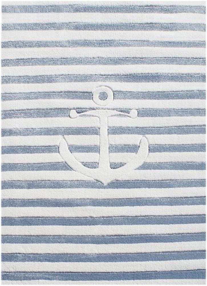 Kinderteppich- Auf Hoher See in Blau Weiß gestreift mit Anker 120 x 180 cm Bild 1
