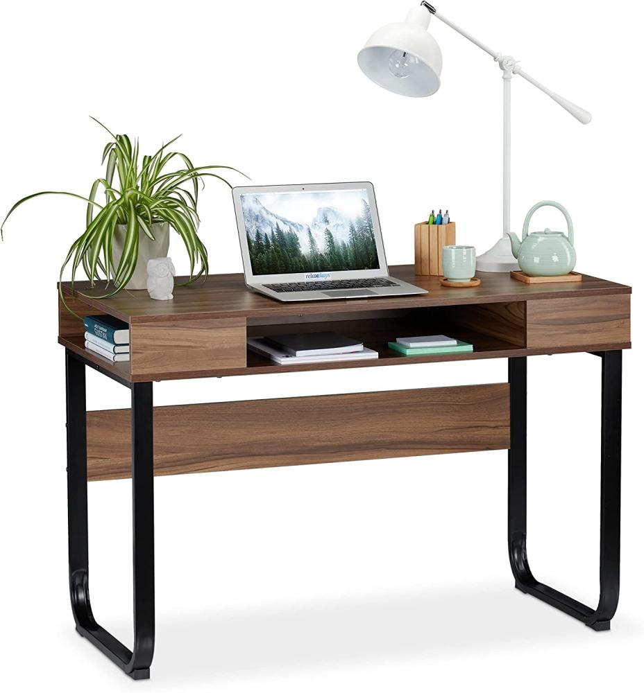 Relaxdays Schreibtisch mit 3 offenen Ablagefächer, braun/ schwarz, 74,5 x 110 x 55 cm Bild 1