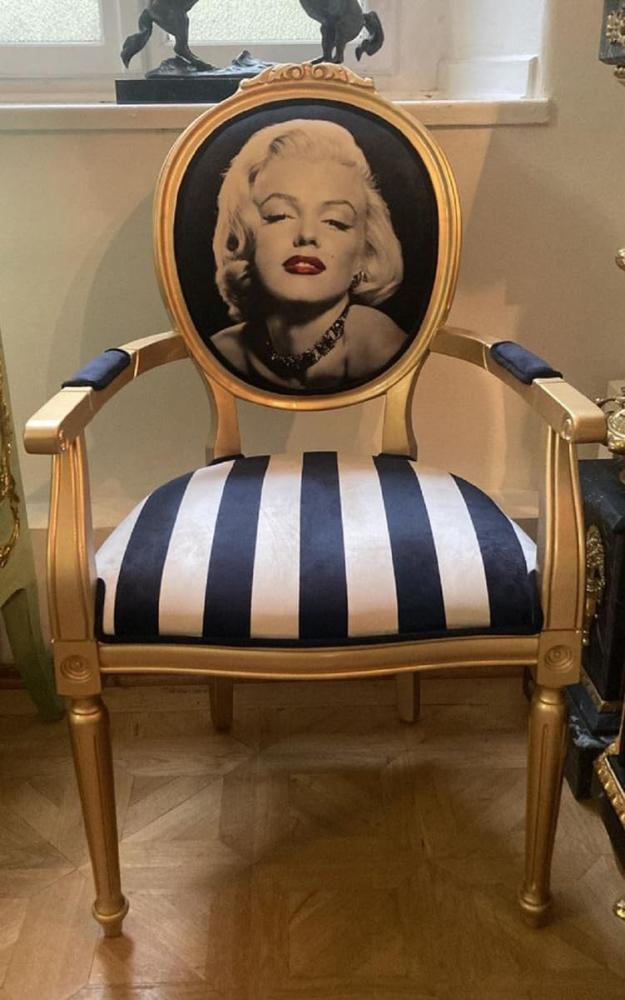 Casa Padrino Barock Esszimmer Stuhl Marilyn Monroe mit Armlehnen und Streifen Bild 1