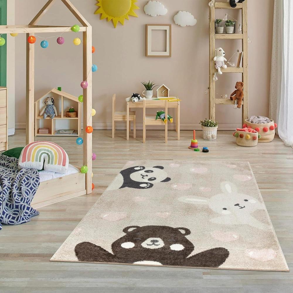 Jimri Teppich Kinderzimmer - Teppiche für Kinderzimmer, Kinderteppich, Kinderteppich Mädchen, Bär, Hase, Panda, Herz, (Beige, Größe: 160x230 cm) Bild 1