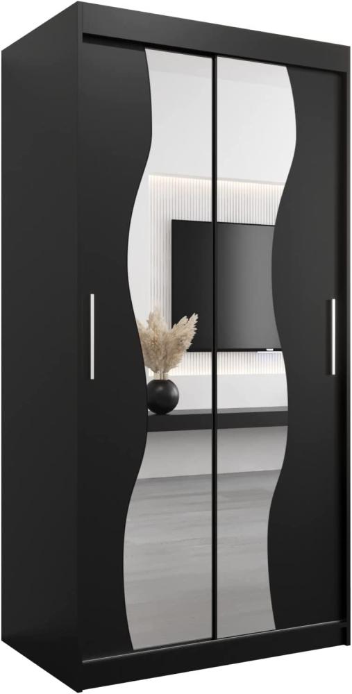 KRYSPOL Schwebetürenschrank Madryt 100 cm mit Spiegel Kleiderschrank mit Kleiderstange und Einlegeboden Schlafzimmer- Wohnzimmerschrank Schiebetüren Modern Design (Schwarz) Bild 1