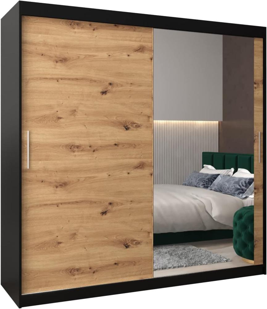 Schwebetürenschrank Tokyo 2-200 cm mit Spiegel Kleiderschrank mit Kleiderstange und Einlegeboden Schlafzimmer- Wohnzimmerschrank Schiebetüren Modern Design (Schwarz + Artisan Eiche) Bild 1