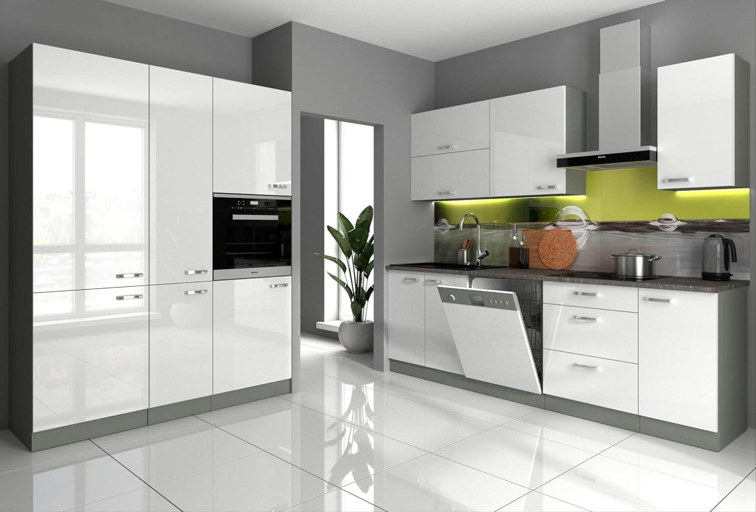 'Bianca' Küchenzeile, Spanplatte Weiß Hochglanz, 240+160 x 60 x 85 cm Bild 1