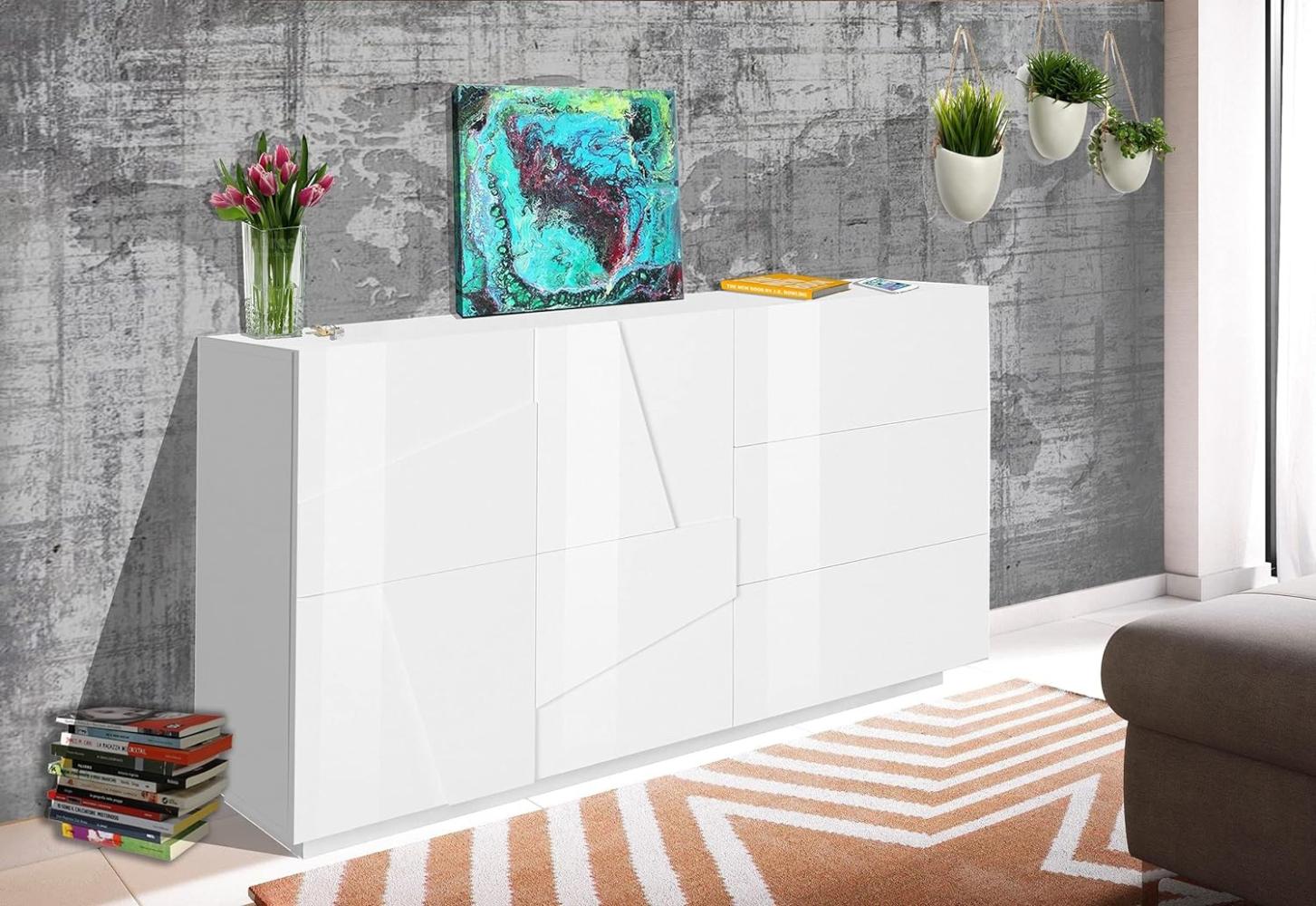 Dmora Modernes Sideboard mit 2 Türen und 3 Schubladen, Made in Italy, Küchen-Sideboard mit Detail, Design-Wohnzimmerbuffet, 143x44h86 cm, Glänzende weiße Farbe Bild 1