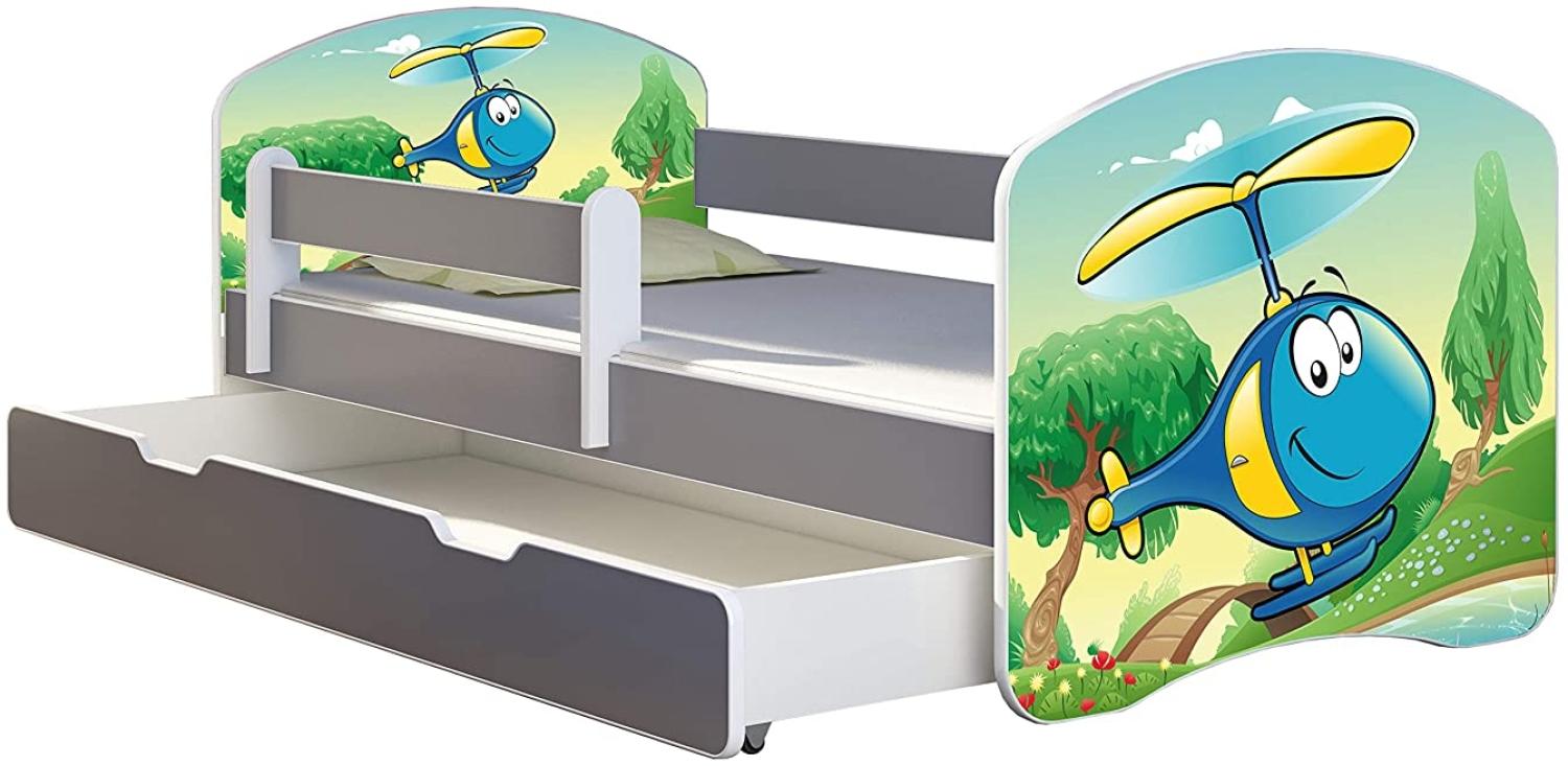 ACMA Kinderbett Jugendbett mit Einer Schublade und Matratze Grau mit Rausfallschutz Lattenrost II (35 Hubschrauber, 160x80 + Bettkasten) Bild 1
