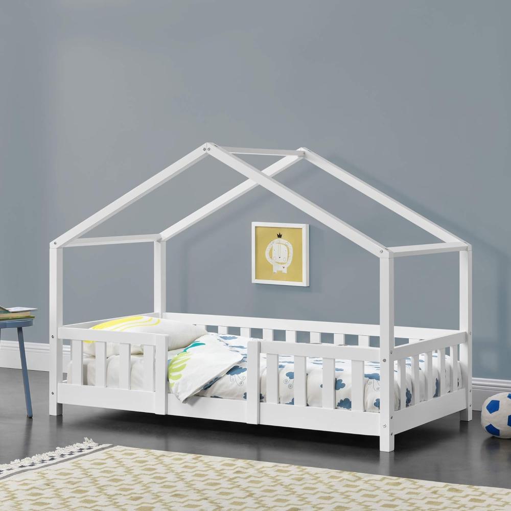 en.casa Hausbett aus Kiefernholz mit Rausfallschutz und Lattenrost, 70x140cm, weiß Bild 1