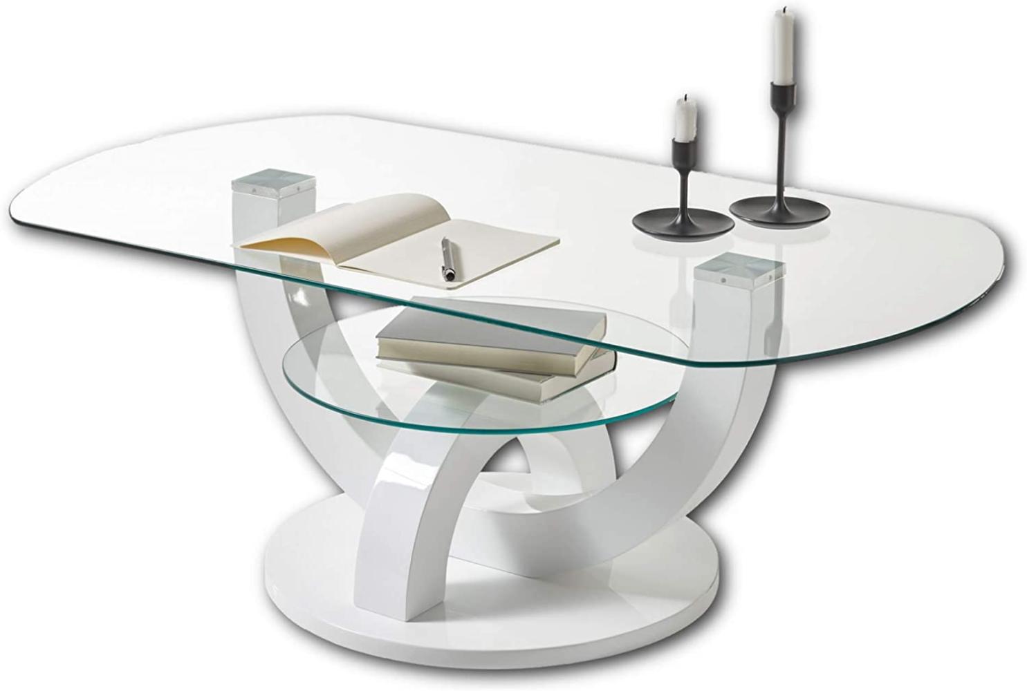 BOSTON Couchtisch Glas in Hochglanz weiß - stylisher Glastisch mit Ablage & geschwungenem Gestell in U-Form für Ihren Wohnbereich - 110 x 40 x 60 cm (B/H/T) Bild 1