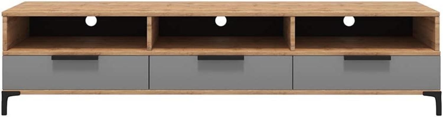 Selsey RIKKE - TV-Lowboard/TV-Tisch mit 3 offenen und 3 geschlossenen Fächern, 160 cm breit (Wotan Eiche Matt/Grau Hochglanz ohne LED) Bild 1