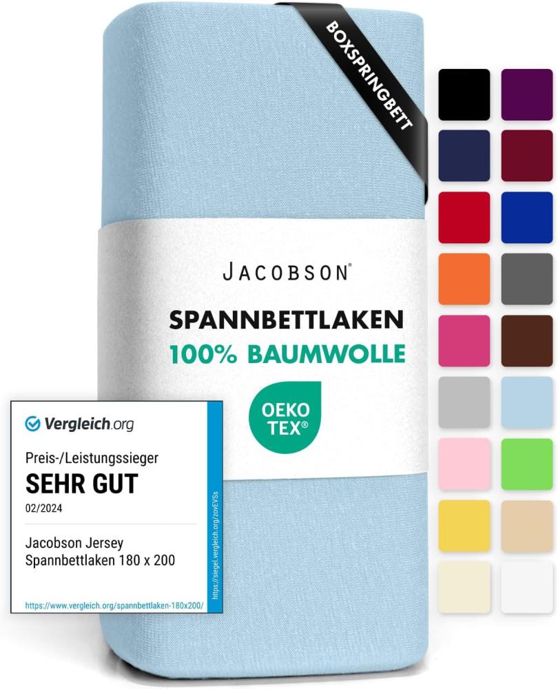Jacobson Jersey Spannbettlaken Spannbetttuch Baumwolle Bettlaken (140x200-160x220 cm, Hellblau) Bild 1