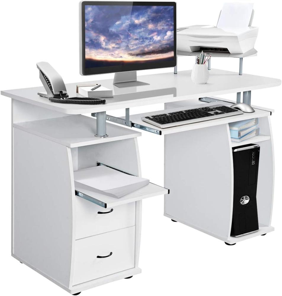 COSTWAY Computertisch, mit Tastaturauszug, Druckerablage, Schubladen, weiß, 85 x 55 x 120 cm (HxTxB) Bild 1