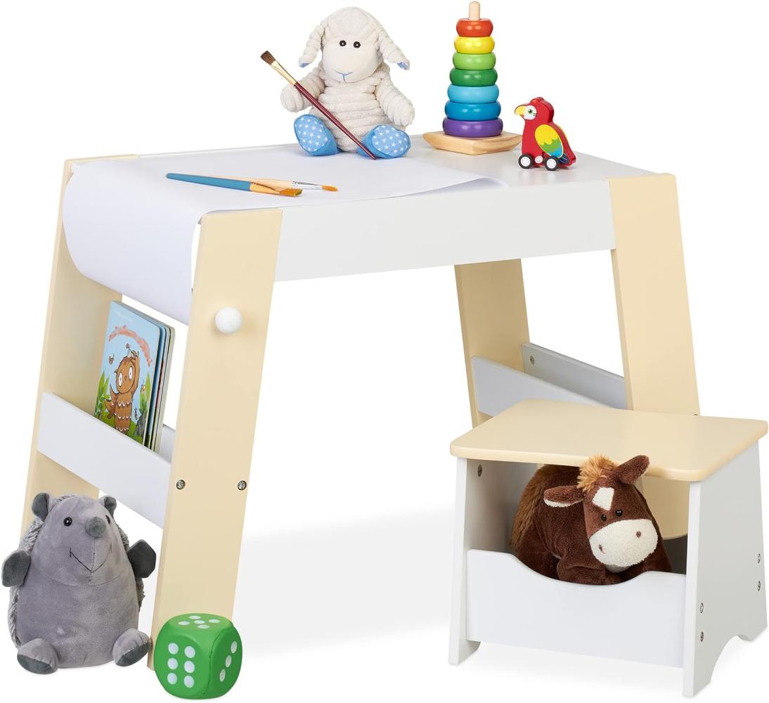 Relaxdays Kindersitzgruppe, Tisch & Hocker, Spiel & Aufbewahrung, Rolle für Zeichenpapier, Kindertisch Set, weiß/beige Bild 1