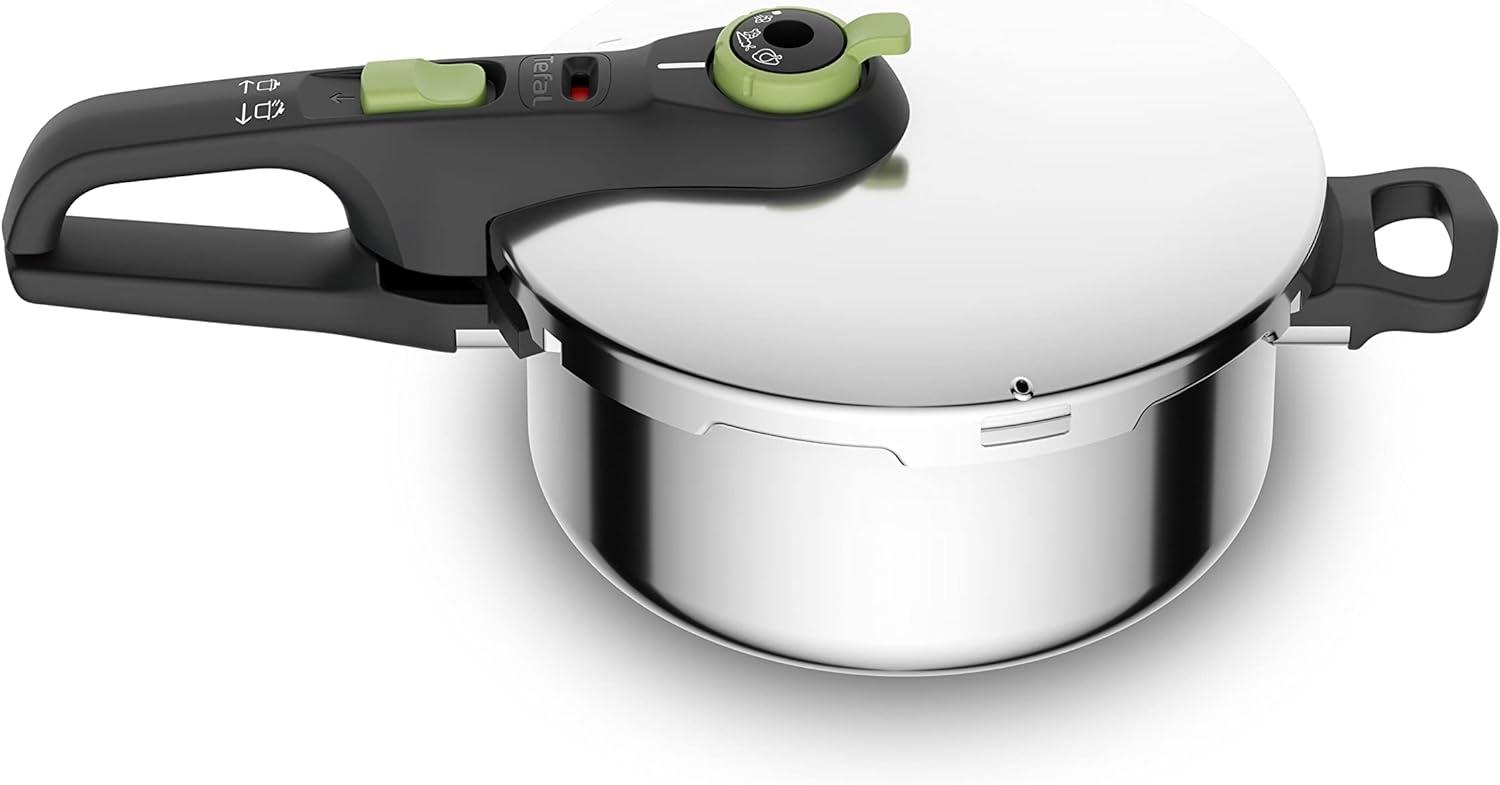 Tefal P2580400 Secure Trendy Schnellkochtopf 4 L | 2-Stufen-Garregler: Intensivstufe 117°C, Schonstufe 112°C | Induktions-Kapselboden | für alle Herdarten | kurzer Gegengriff | Edelstahl/Schwarz/Grün Bild 1