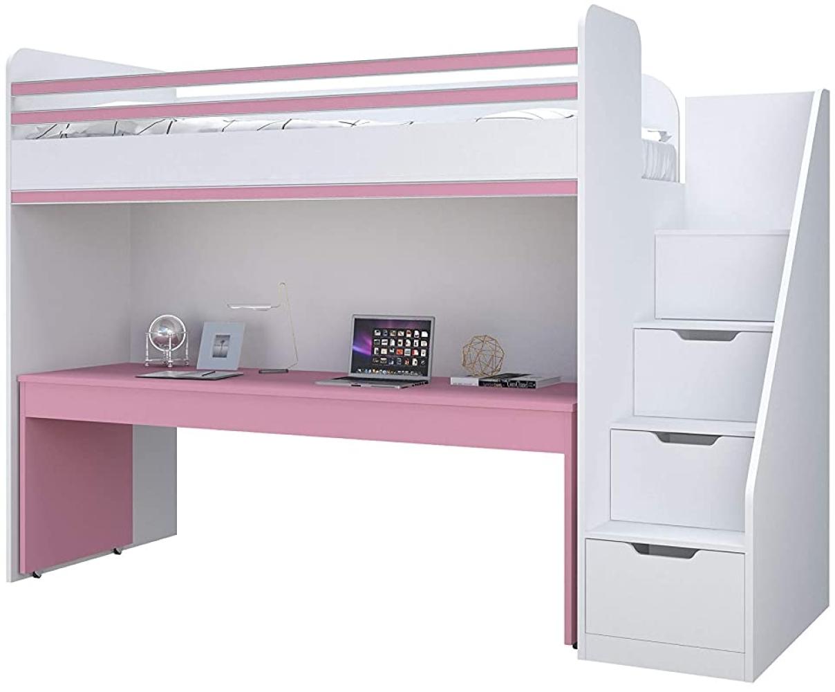 Polini City' Hochbett Kombination mit Treppe und großem Schreibtisch rosa Bild 1