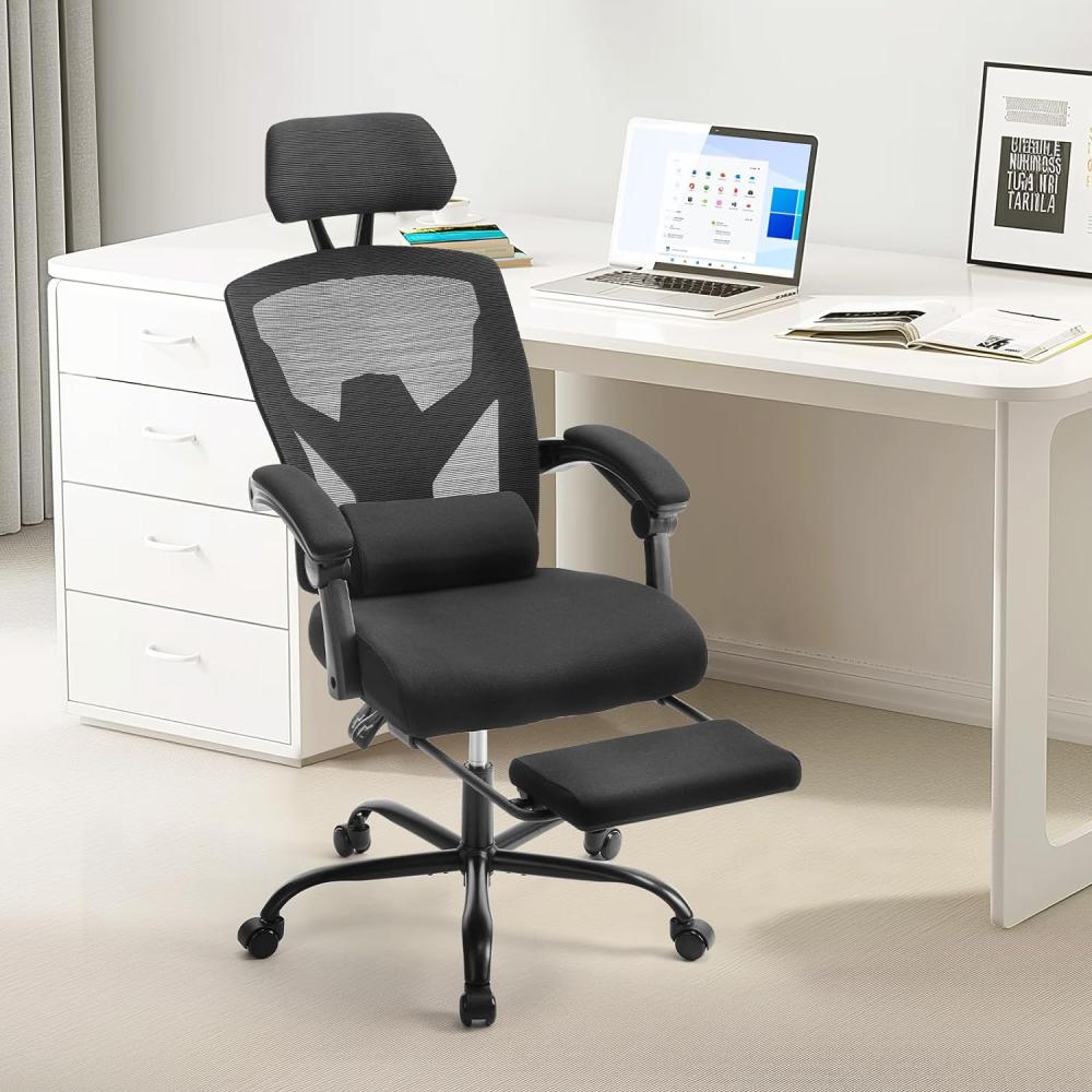 Sweetcrispy Büro-Computer-Schreibtisch Gaming Erwachsene, High-Back Mesh Rolling Swivel Reclining Stühle mit Rädern, Lendenwirbelstütze, bequeme Arme, Metal, Schwarz, Standardmäßig Bild 1