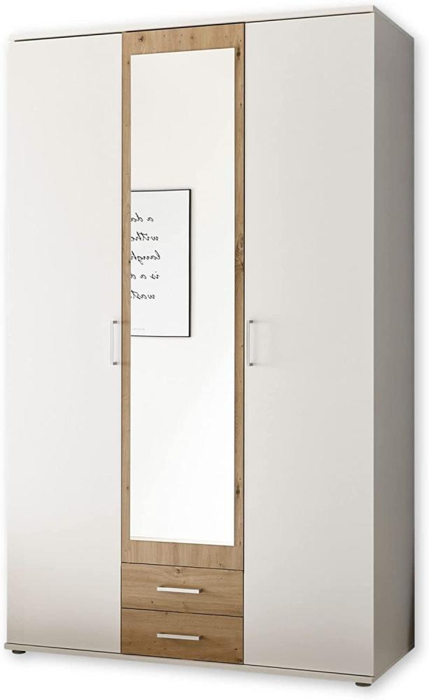 HANAU Kleiderschrank mit Spiegeltür in Weiß, Artisan Eiche Optik - Vielseitiger Drehtürenschrank 3-türig für Ihr Schlafzimmer - 120 x 196 x 54 cm (B/H/T) Bild 1