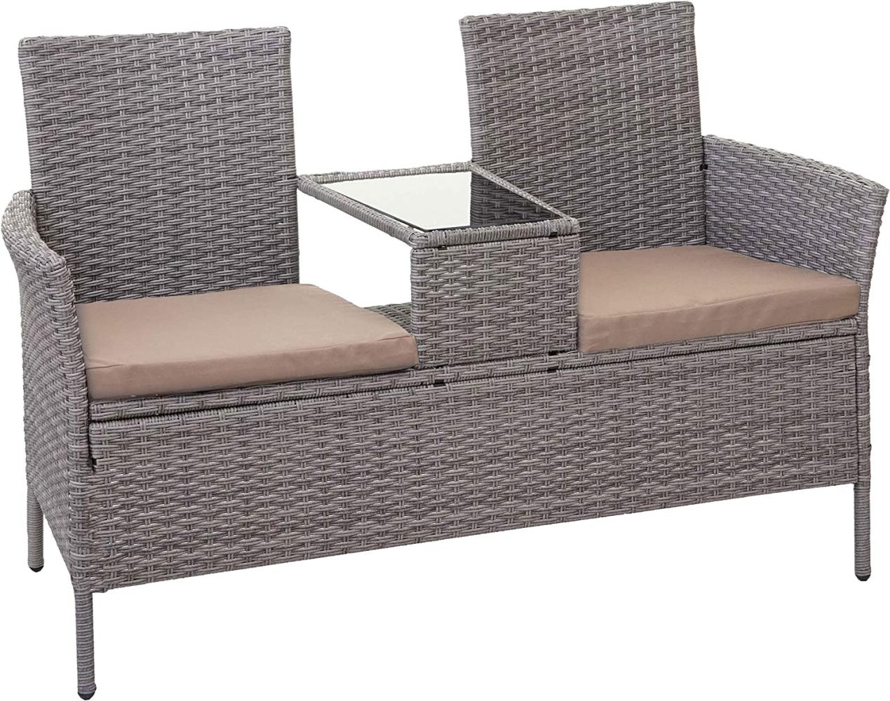 Poly-Rattan Sitzbank mit Tisch HWC-E24, Gartenbank Sitzgruppe Gartensofa, 132cm ~ grau, Kissen creme Bild 1