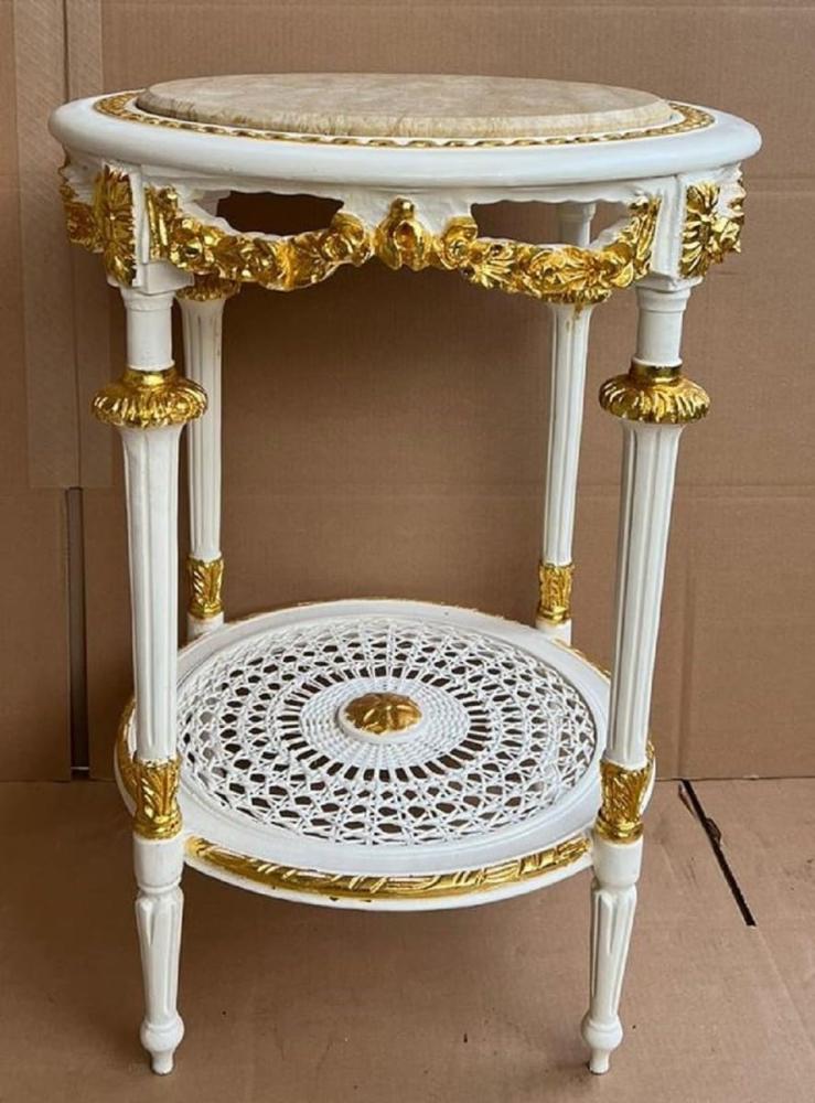 Casa Padrino Barock Beistelltisch Weiß / Gold / Creme - Runder Antik Stil Tisch mit Marmorplatte - Barockstil Wohnzimmer Möbel im Barockstil - Barock Möbel Bild 1
