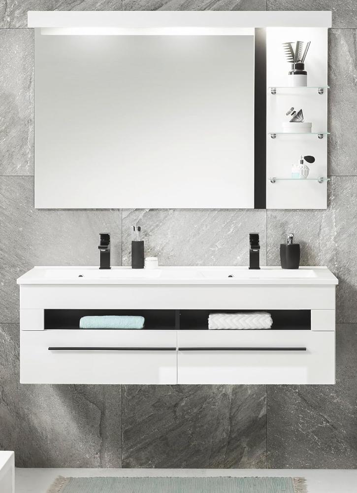 Badmöbel Set 3-teilig Design-D in Hochglanz weiß 120 x 200 cm, mit Waschbecken und Beleuchtung Bild 1