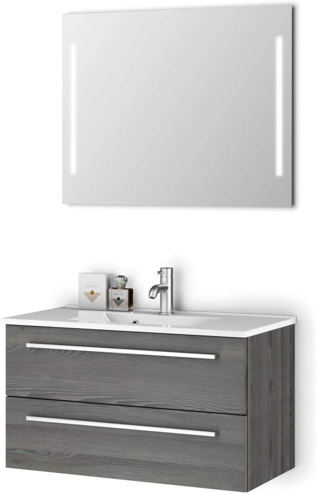 Sieper I Waschtisch mit Unterschrank 90 x 50 cm und Spiegel mit Beleuchtung, Badmöbel Set Libato I Pinie Schwarz Bild 1