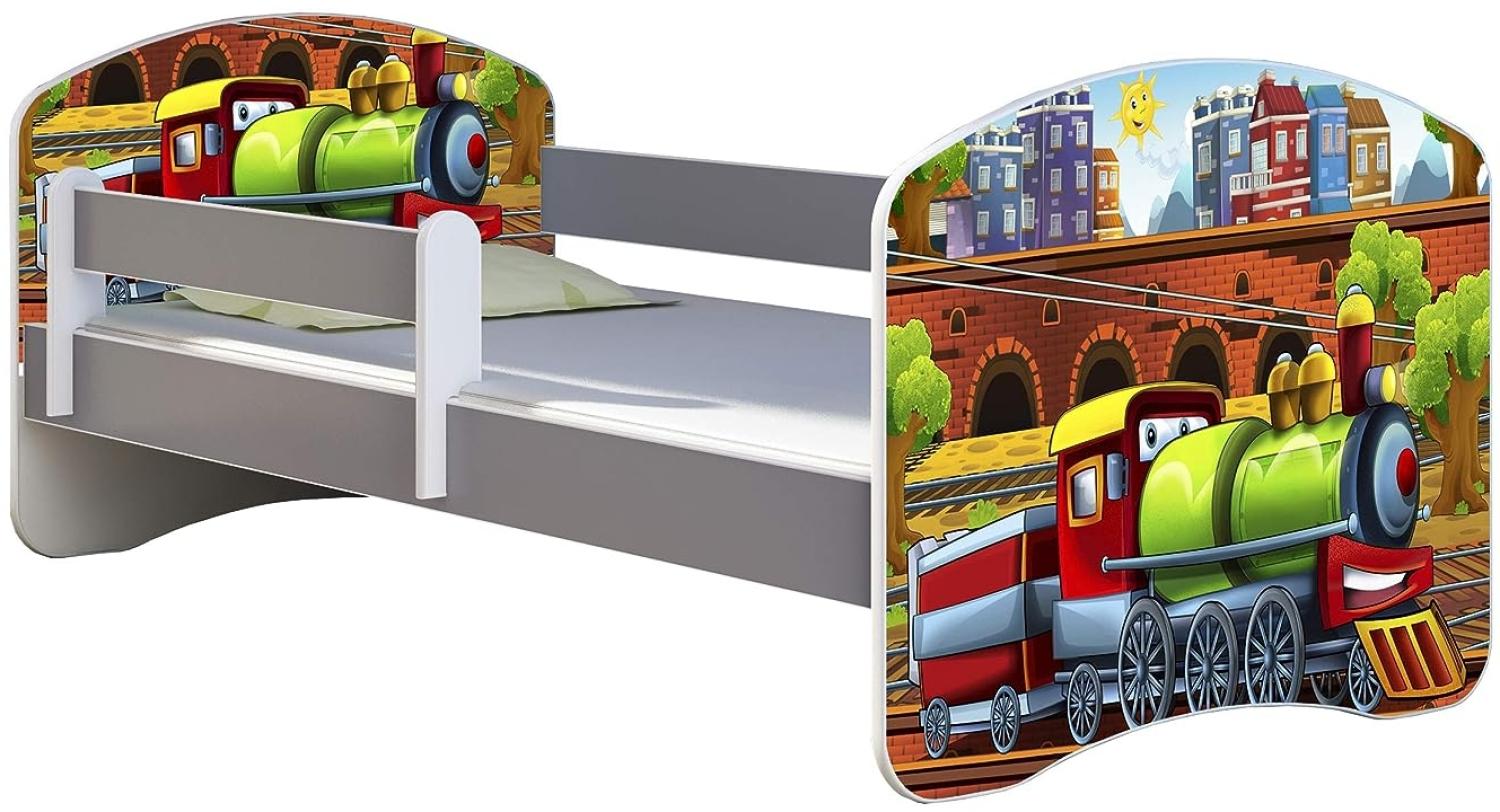 ACMA Kinderbett Jugendbett mit Einer Schublade und Matratze Grau mit Rausfallschutz Lattenrost II (44 Lokomotive, 140x70) Bild 1